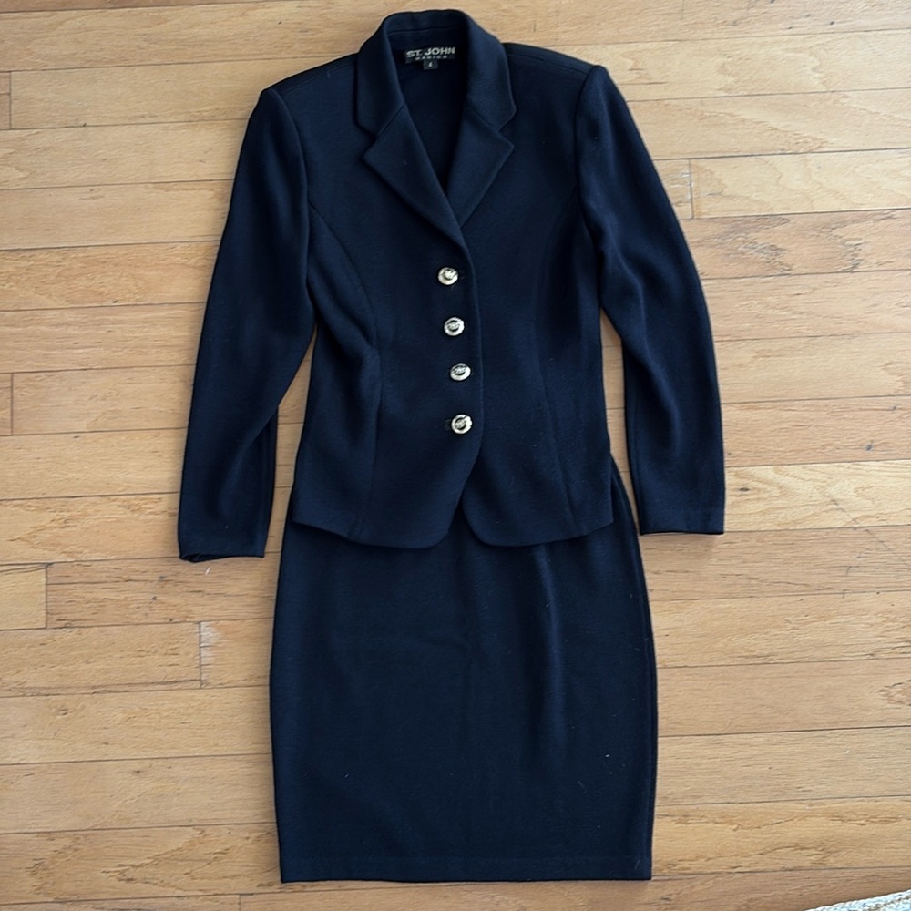 Black  knit suit setby St. John’s with gold buttons and pencil skirt size 2